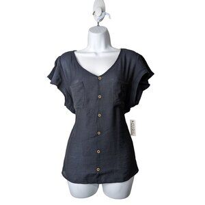 Cure Women's Navy short sleeve V-neck blouse Size L (NWT)